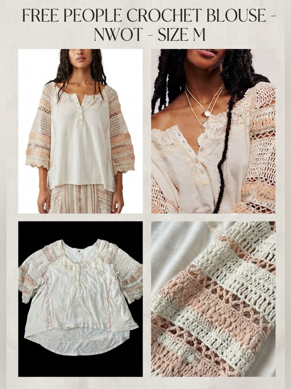 Free People ivorycrochet me pullover sold out online size Medium EUC PTP 25”